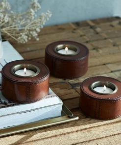 Life Of Riley Set Of Three Leather Tealight Holders