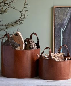 Life Of Riley Leather Round Log Basket