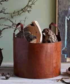 Life Of Riley Leather Round Log Basket