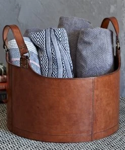 Life Of Riley Leather Round Storage Basket New Home