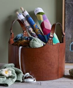 Life Of Riley Leather Round Storage Basket New Home