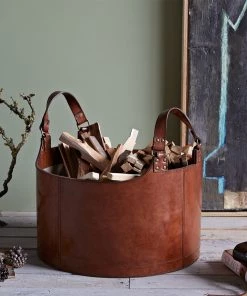 Life Of Riley Leather Round Storage Basket New Home