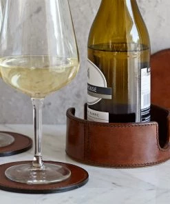 Life Of Riley For Her Leather Wine Bottle Coaster. Holds Six Stemware Coasters