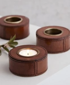Life Of Riley Set Of Three Leather Tealight Holders