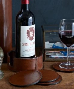 Life Of Riley For Her Leather Wine Bottle Coaster. Holds Six Stemware Coasters